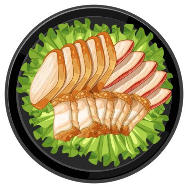 Dilimlenmiş Tayland yemeklerini yeşil marul yapraklı, parlak renkler ve detaylar içeren siyah bir tabakta renkli bir şekilde tasvir etmek