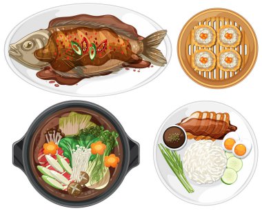 Renkli vektör illüstrasyonu çeşitli Asya yemeklerini gösteriyor, canlı renkleri vurguluyor ve yukarıdan aşağıya doğru karmaşık ayrıntıları gösteriyor