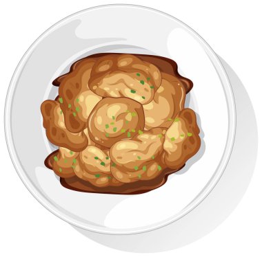 Beyaz bir tabakta Asya hamur köftelerinin yukarıdan aşağı görüntüsü, sıcak renklerde ve ince gölgelendirmeli temiz bir vektör stili var.