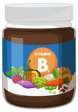 Etiketinde renkli sebzeler olan B1 vitamini takviye kavanozunun vektör çizimi, düz tasarım, parlak renkler, temiz kompozisyon