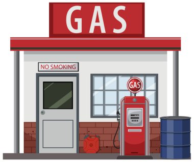 Klasik pompalı, kırmızı aksanlı ve detaylı elementli bir benzin istasyonunun klasik stil vektör çizimi