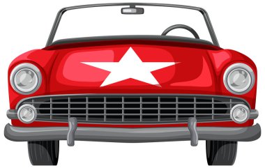 Kaputunda beyaz bir yıldız olan, eski model, üstü açık kırmızı bir arabanın vektör çizimi.