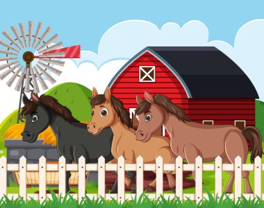 Ahırın yanında duran üç neşeli at ve çiftlikte yel değirmeni