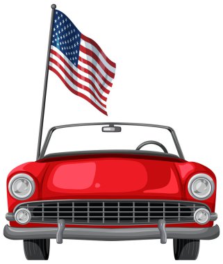 Üzerinde Amerikan bayrağı olan üstü açık klasik kırmızı bir arabanın vektör çizimi. Kalın renkler ve temiz çizgiler çarpıcı bir bileşim oluşturur