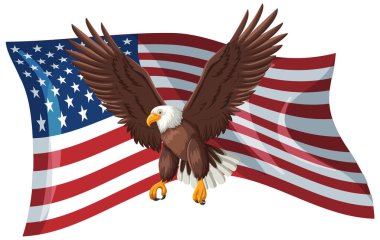 Dalgalanan bir Amerikan bayrağı üzerinde süzülen bir kartalın temsili. Kalın renkler ve dinamik kompozisyon ulusal gururu vurguluyor