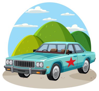 Kapısında kırmızı yıldız olan klasik mavi sedan, düz vektör stiliyle çizilmiş, açık havada yeşil tepelere ve mavi gökyüzüne park edilmiş.