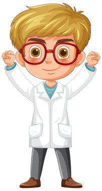 Gözlüklü ve laboratuvar önlüklü karikatür bilimcisi