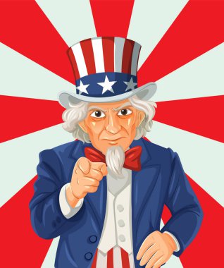 Amerikan kültürünü ve vatanseverliğini vurgulayan çarpıcı kırmızı ve beyaz arkaplanlı Sam Amca 'nın cesur vektör çizimi