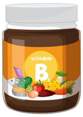 B2 vitamini takviye kavanozunun vektör çizimi. İçinde balık, peynir, sebze ve tahıl gibi renkli gıdalar var.