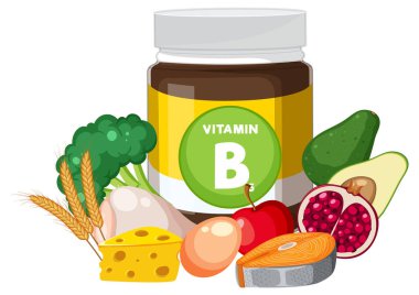 Brokoli, somon, yumurta, peynir, tahıl, avokado ve meyve gibi sağlıklı gıdalarla çevrili B vitamini kavanozunun vektör çizimi