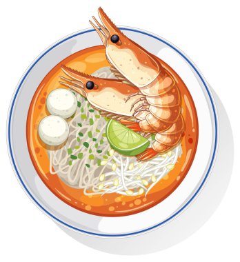 Tayland karidesli şehriye çorbasının renkli vektör çizimi canlı malzemeler ve baştan aşağı detaylı dokular içeriyor.