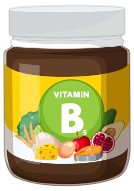 Peynir, somon, yumurta, tahıl ve sebze gibi yiyeceklerle etiketlenmiş ve çevrelenmiş B5 vitamini takviye kavanozunun vektör çizimi