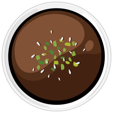 Yeşil otlar ve beyaz tohumlarla bezenmiş kahverengi bir çorba kasesinin vektör çizimi, minimalist bir stile ve dairesel kompozisyona sahip