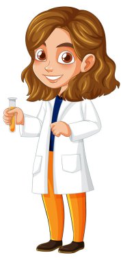 Beyaz laboratuvar önlüklü gülümseyen genç bir kadın bilim adamının çizgi film vektör çizimi. Elinde parlak renkler ve temiz çizgiler var.