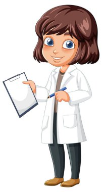 Beyaz laboratuvar önlüklü, elinde parlak renkler ve temiz çizgilerle bir pano ve kalem tutan gülümseyen bir kadın bilim adamının vektör çizimi.