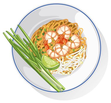 Karides, limon ve yeşil soğanlı canlı Tayland yemeğinin temiz bir vektör tarzında üst görüntüsü