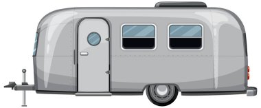 Temiz çizgileri ve minimalist tasarımı olan klasik bir gümüş karavanın eski estetiği vurgulayan stilize edilmiş vektör çizimi