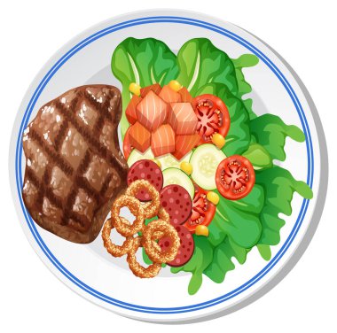 Biftek, taze sebze ve soğan halkaları içeren bir gurme tabağının vektör çizimi. Canlı renkler ve gerçekçi dokular bileşimi güçlendirir