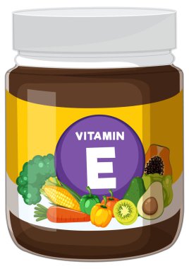 Düz dizayn tarzında renkli sebze ve meyvelerle çevrili mor bir çemberle etiketlenmiş E vitamini takviye kavanozunun vektör çizimi