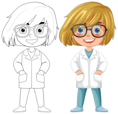 Gözlüklü ve laboratuvar önlüklü karikatür bilimcisi