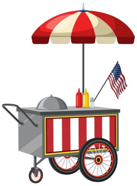 Şemsiyeli ve Amerikan bayrağıyla klasik sosisli arabasının temsili çizimi. Parlak renkler ve detaylı tasarım ögeleri