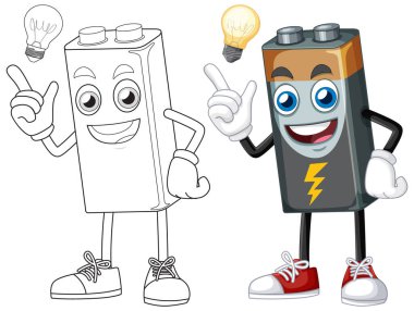 Çizgi film tarzında yaratıcılığı ve enerjiyi gösteren, ampulleri olan canlandırılmış batarya karakterlerinin oyuncu vektör çizimi