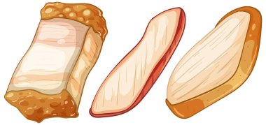 Üç Asya gıda malzemesinin ayrıntılı dokuları ve canlı renkleri aşçılık çeşitliliği ve sanatsal stili vurguluyor.