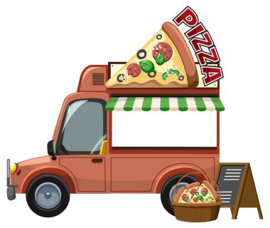 Dev bir pizza dilimi işareti, çizgili tente, menü tahtası ve pizza sepeti olan kırmızı pizza kamyonunun vektör çizimi. Parlak, düz renkler
