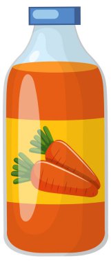 Turuncu havuç suyuyla dolu berrak bir şişenin vektör çizimi, üzerinde iki havuç ve mavi bir şapka bulunan parlak bir etiket var.