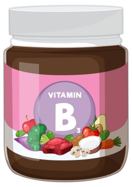 B3 vitamini takviye kavanozunun vektör çizimi. Renkli sebzeler, et ve mantarlarla etiketlenmiş, düz ve temiz bir tarzda.