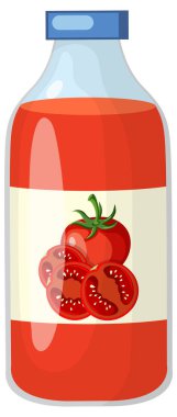 Domates suyuyla dolu bir cam şişenin vektör çizimi, dilimlenmiş domatesler, temiz çizgiler ve parlak renkler içeren bir etiket