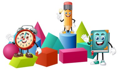 Animasyon okul malzemeleri ve geometrik şekillerin renkli vektör çizimi. Eğlenceli bir kompozisyonda canlı renkler ve oyuncu karakterler