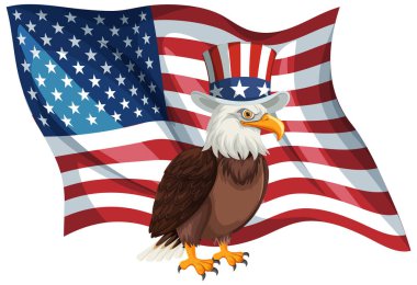 El sallayan bir Amerikan bayrağının önünde vatansever bir şapka takan kel bir kartalın temsili. Kalın renkler ve dinamik bileşim