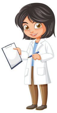 Beyaz laboratuvar önlüklü gülümseyen bir kadın bilim adamının vektör çizimi, elinde karikatür tarzı ve parlak renklerle bir pano ve kalem tutuyordu.