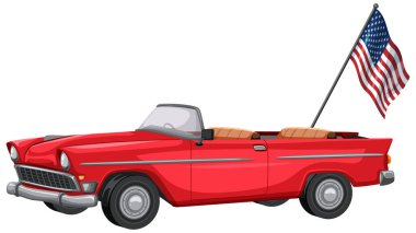 Üzerinde Amerikan bayrağı olan üstü açık kırmızı bir arabanın vektör çizimi. Özellikler temiz çizgiler ve canlı renkler
