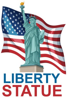 Özgürlük Anıtı 'nın Amerikan bayrağı geçmişine sahip vektör çizimi, özgürlük ve vatanseverliği vurguluyor.
