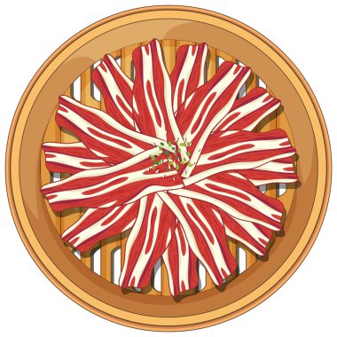 Bambu buharlı bir tencerede dilimlenmiş etin vektör çizimi. Kalın renkler ve ayrıntılı satırlar mutfak temasını güçlendirir