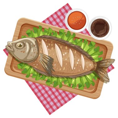 Ahşap bir tahtanın üzerinde iki sos, canlı renkler ve detaylı dokularla ızgara bir balığın vektör çizimi.