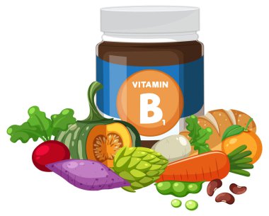 Renkli sebzeler, ekmek ve fasulyelerle çevrili B1 vitamini takviye kavanozunun vektör çizimi, temiz, düz tasarım tarzında.