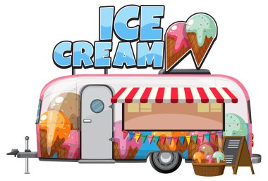 Büyük dondurma tabelası, pastel renkler, çizgili tente ve çizgi film tarzında dekoratif koniler olan Retro dondurma kamyonu çizimleri.