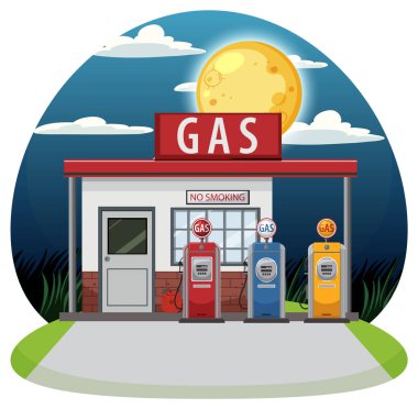 Dolunay altında üç renkli yakıt pompası, cesur işaret ve gece vakti gökyüzü elementlerinin yer aldığı eski bir benzin istasyonunun vektör çizimi