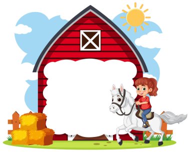 Samanlık ve güneş ışığıyla beyaz ata binen mutlu kız.