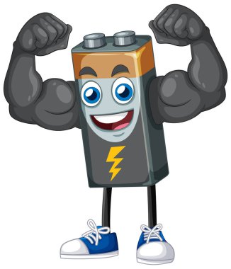 Kas gücü ve enerjiyi sembolize eden, kaslı kollu bir çizgi film bataryası. Parlak renkler ve oyuncu tasarım dinamik cazibesini arttırır