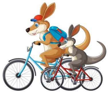 Çizgi film kangurularının ebeveynleri ve çocukları, sırt çantaları ve şapkalar, parlak renkler ve temiz vektör çizgileri ile yan yana bisiklet sürerler.