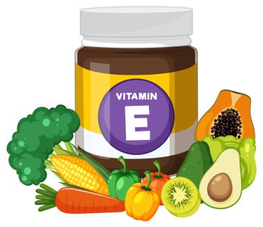 Düz, temiz bir tasarım tarzında, renkli meyve ve sebzelerle çevrili E vitamini takviye kavanozunun vektör çizimi