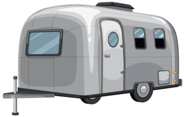 Pürüzsüz çizgileri ve minimalist tasarım unsurları olan gümüş bir karavanın biçimlendirilmiş vektör çizimi