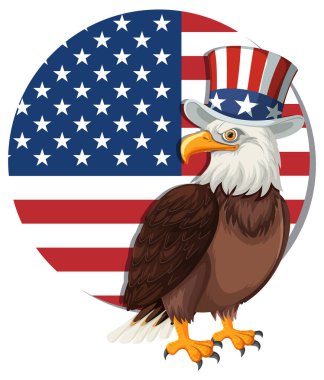 Vatansever bir şapka takan kel bir kartalın temsili Amerikan bayrağının önünde duruyor. Kalın renkler ve temiz çizgiler