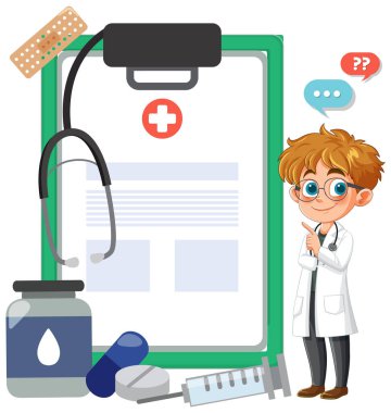 Bir çocuk doktoru ve tıbbi aletlerin çizimi