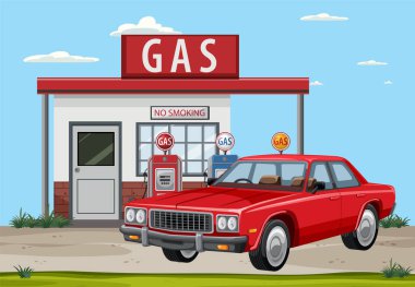 Parlak renkleri ve temiz çizgileri olan klasik bir benzin istasyonu ve klasik kırmızı arabanın vektör çizimi