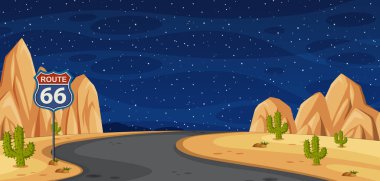 Yıldızlı bir gökyüzünün altında, kaktüsleri ve kayalık oluşumları olan çöl manzarası içeren 66. Yol 'un vektör çizimi
